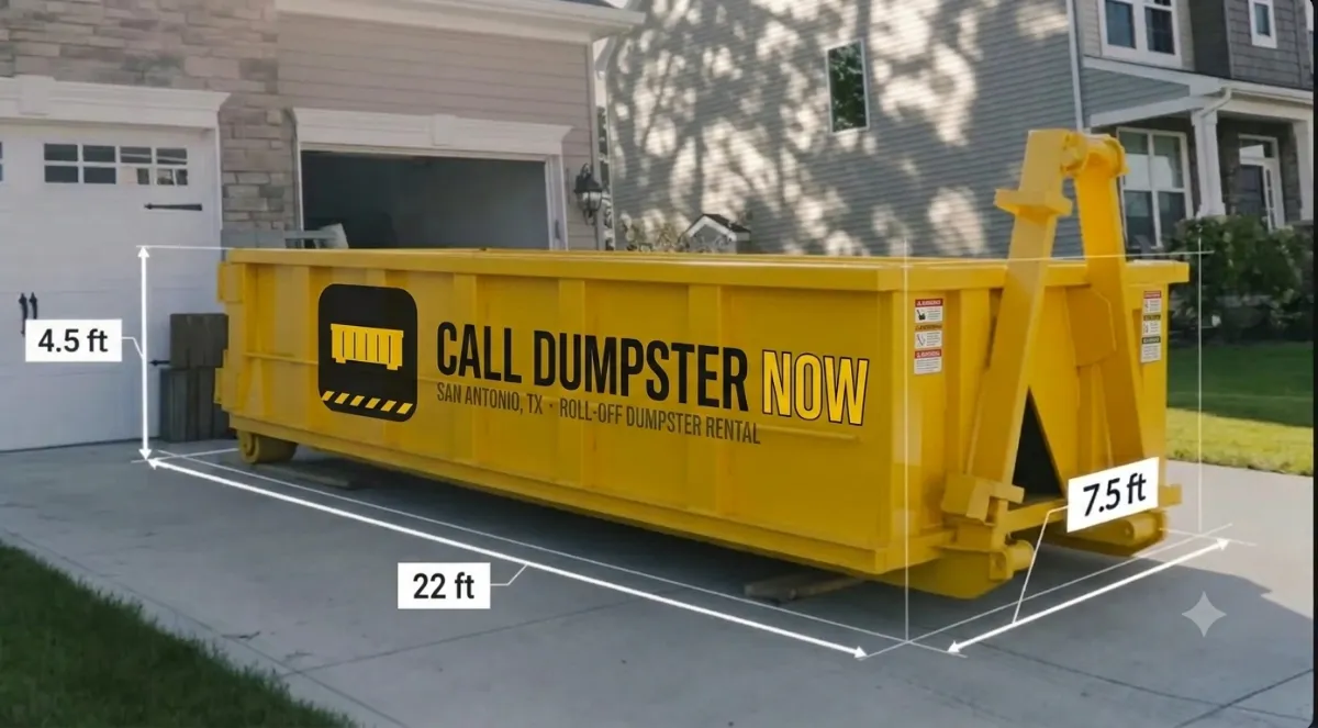 20 yard roll-off dumpster rental in San Antonio TX with dimensions 22 x 7.5 x 4.5 ft